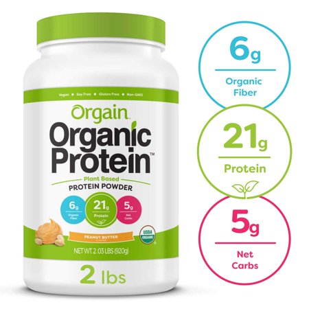 Orgain Organic Plant Based Protein Powder, Peanut Butter - Vegan, Low Net Carbs, Non Dairy, Gluten Free, Lactose Free, No Sugar Added, Soy Free, Kosher, Non-GMO, 2.03 Pound (Packaging May Vary) - 785046888880