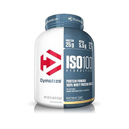 dymatize iso 100 whey protein powder with 25g of hydrolyzed 100% whey isolate, gluten free, fast digesting, birthday cake, 5 pound - 785923671901