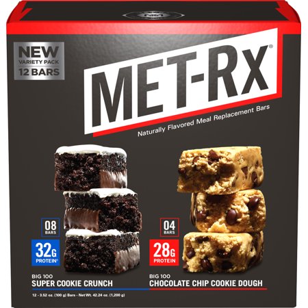 MET-Rx Big 100 Protein Bars, Meal Replacement Bars, Variety Pack - Super Cookie Crunch and Chocolate Chip Cookie Dough Bars, 12 Count, 3.52 Oz. (B0768SJ5JY) - 786560726078