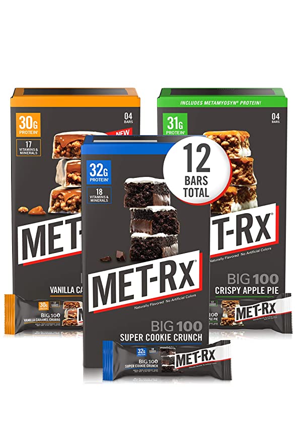 MET-Rx Big 100 Colossal Protein Bars Variety Pack, Super Cookie Crunch, Vanilla Caramel Churro, and Crispy Apple Pie Flavors, Brown, 12 Count - 786560801645