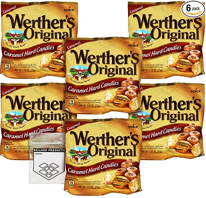  Werthers Original Caramel Hard Candy Pack of 6 Bags - 2.65 Ounce Bags - Individually Wrapped Caramel Hard Candy - Bundle with Ballard Products Resealable Pocket Bag  - 786899626278