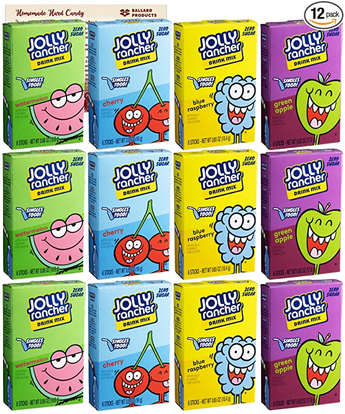  Jolly Rancher Singles to Go Variety Pack of 12| 3 Boxes Each - Blue Raspberry, Watermelon, Cherry and Green Apple Drink Mix | Sugar Free - Caffeine Free | Bundled with Ballard Hard Candy Recipe Card  - 786899626308