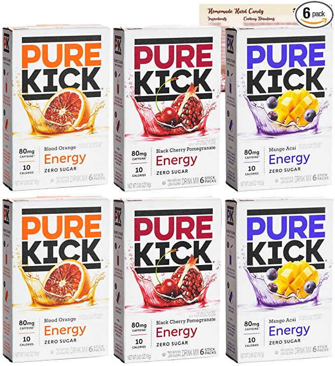  Pure Kick Energy Drink Mix Packets With Caffeine - Variety Pack | 3 Flavors - 2 Boxes Each | Mango Acai, Blood Orange, Black Cherry Pomegranate | Bundled with Ballard Hard Candy Recipe Card  - 786899626377