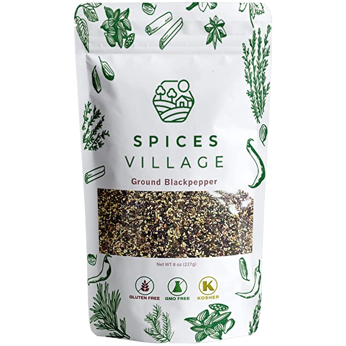  SPICES VILLAGE Ground Black Pepper [ 8 oz ] All Natural Black Peppercorn Powder, Table Grind Black Pepper, Fresh Grounded Whole Spice - Kosher Certified, Gluten Free, Non GMO, Resealable Bulk Bag  - 789993421701
