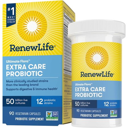 Renew Life Adult Probiotics 50 Billion CFU Guaranteed, 12 Strains, For Men & Women, Shelf Stable, Gluten Dairy & Soy Free, 90 Capsules, Ultimate Flora Extra Care - 789993666508