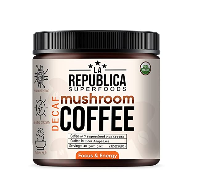  La Republica Organic Decaf Mushroom Coffee with 7 Superfood Mushrooms, Great Tasting Instant Coffee Mix Includes Lion's Mane, Reishi, Chaga, Cordyceps, Shiitake, Maitake, and Turkey Tail (Regular)  - 791177454399