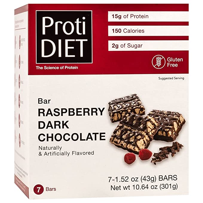 ProtiDiet Raspberry Dark Chocolate Protein Bar Squares, 15g Protein, Low Calorie, Low Carb, Low Fat, Low Sugar, Aspartame Free, No Gluten Ingredients, KETO Friendly, Ideal Protein Compatible, 7/Box - 793150497225