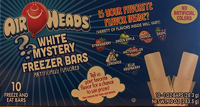  Air Heads White Mystery Freezer Bars! Strawberry! Greenapple! Orange! Grape! Pink Lemonade! Watermelon! Blue Raspberry! 10-1oz Bars!  - 793923814778