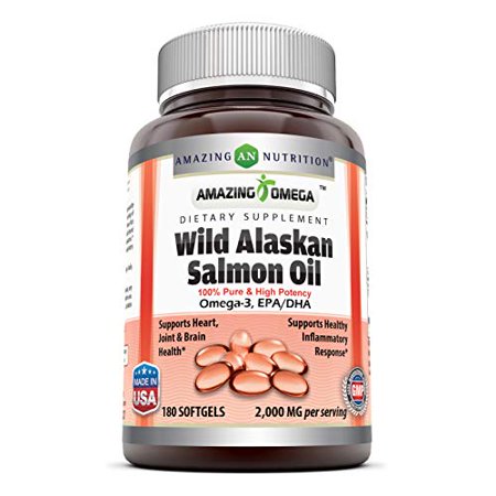 Amazing Omega Wild Alaskan Salmon Oil - 2000 mg of Salmon Oil Per Serving, 180 Softgels (Non-GMO) - Supports Heart, Joint & Brain Health and Promotes Healthy inflammatory Response (180 Softgels) - 794168592964