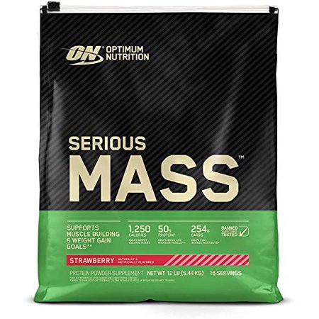 Optimum Nutrition Serious Mass Weight Gainer Protein Powder, Vitamin C, Zinc and Vitamin D for Immune Support, Strawberry, 12 Pound (Packaging May Vary) - 795186394783