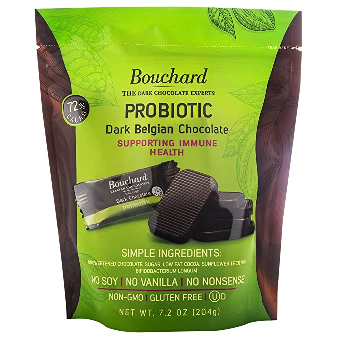  Bouchard Probiotic Dark Belgian Chocolate (72% Cacao) | Individually Wrapped in Resealable Bag | No Soy, No Vanilla, No Nonsense | Non-GMO, Gluten Free, OU-D Kosher  - 797258005122