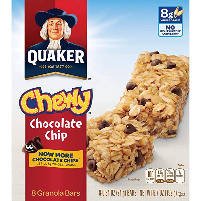 Quaker Oats 31182 Chewy Granola Bars, 6.7Oz., 8/Bx, Chocolate Chip - 798235686556