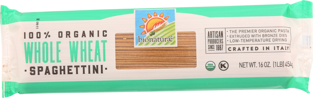 BIONATURAE: Organic Whole Wheat Spaghettini Pasta, 16 oz - 0799210645469