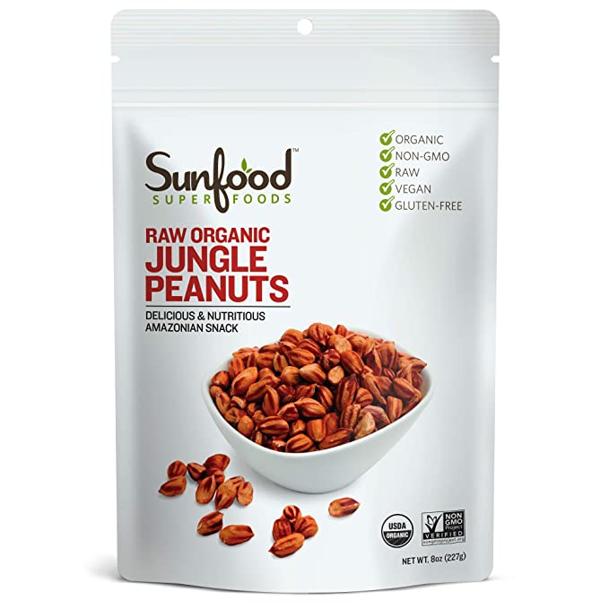  Sunfood Superfoods - Jungle Peanuts Raw Organic - Unique Heirloom Variety- True, Original Rare Form of the Peanut. Non-Hybridized, Unlike Common Peanuts. Non-Gmo, No Additives. Healthy Snack 8 oz Bag  - 803813033087