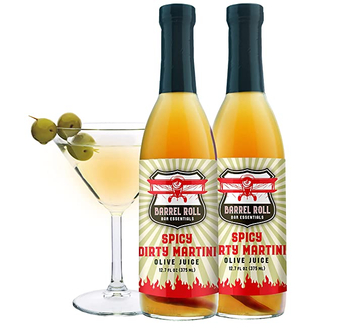  Barrel Roll Cocktail Mixers - Spicy Dirty Martini Mix w/ Piri Piri Peppers - Spicy Olive Brine - USA Small Batch Drink Mix - Spicy Olive Juice - 25.4 Oz Spicy Martini Juice – Vodka Gin Vermouth Mixer  - 808857507020