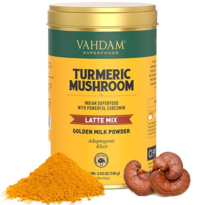  VAHDAM, TURMERIC + REISHI Mushroom Elixir latte, 40 Cups (3.53 oz) | Golden Milk Powder with Powerful CURCUMIN | Turmeric Powder + Reishi Mushroom Powder | Turmeric Tea | Brew Hot or Iced  - 810001611095