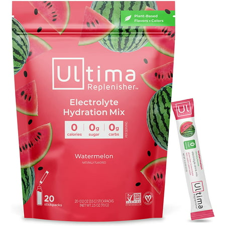 Ultima Replenisher Electrolyte Hydration Powder, Watermelon, 20 Count Stickpacks Pouch - Sugar Free, 0 Calories, 0 Carbs - Gluten-Free, Keto, Non-GMO with Magnesium, Potassium - 810003420275