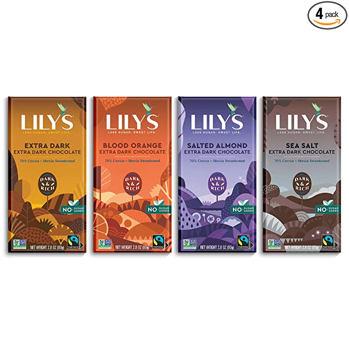  Variety 70% Dark Chocolate Bar Sampler by Lily's | Stevia Sweetened, No Added Sugar, Low-Carb, Keto Friendly | 70% Cocoa | Fair Trade, Gluten-Free & Non-GMO | 2.8 ounce, 4-Pack  - 810003460264
