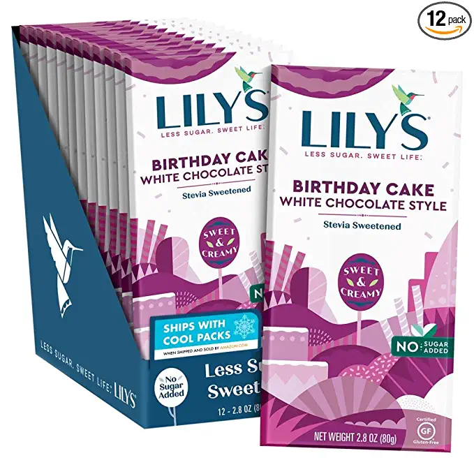  Birthday Cake White Chocolate Style Bar By Lily's Sweets | Made with Stevia, No Added Sugar, Low-Carb, Keto Friendly | Gluten-Free & Non-GMO Ingredients | 2.8 Ounce, 12 Pack - 810003461278