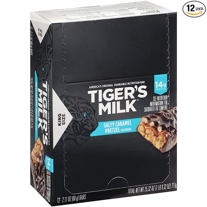  Tiger's Milk King Size Salty Caramel Pretzel Flavored Protein Bar, 60 g (Pack of 12)  - 810006230185
