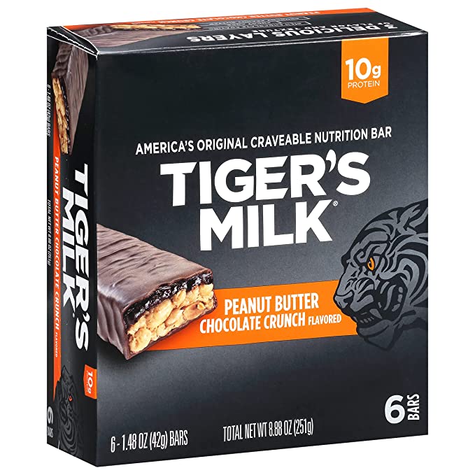 Tiger's Milk Peanut Butter Chocolate Crunch Flavored Protein Bar, 42 g (Pack of 6) - 810006230390