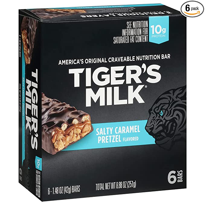  Tiger's Milk Salty Caramel Pretzel Flavored Protein Bar, 42 g (Pack of 6)  - 810006230406