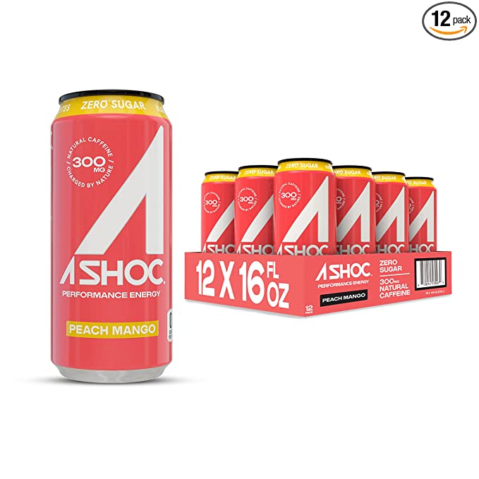  A SHOC Performance Energy Drink, Peach Mango,Natural Energy Blend, BCAAs, Ocean Mineral Electrolytes, and No Chemical Preservatives, 16 ounce (Pack of 12)  - 810014530079