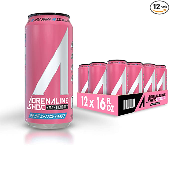 Adrenaline Shoc Performance Energy Drink, Cotton Candy, Zero Sugar, 16 Ounce Can, Natural Energy Blend, BCAAs, Ocean Minerals, and no Chemical Preservatives (Pack of 12) - 810014530123