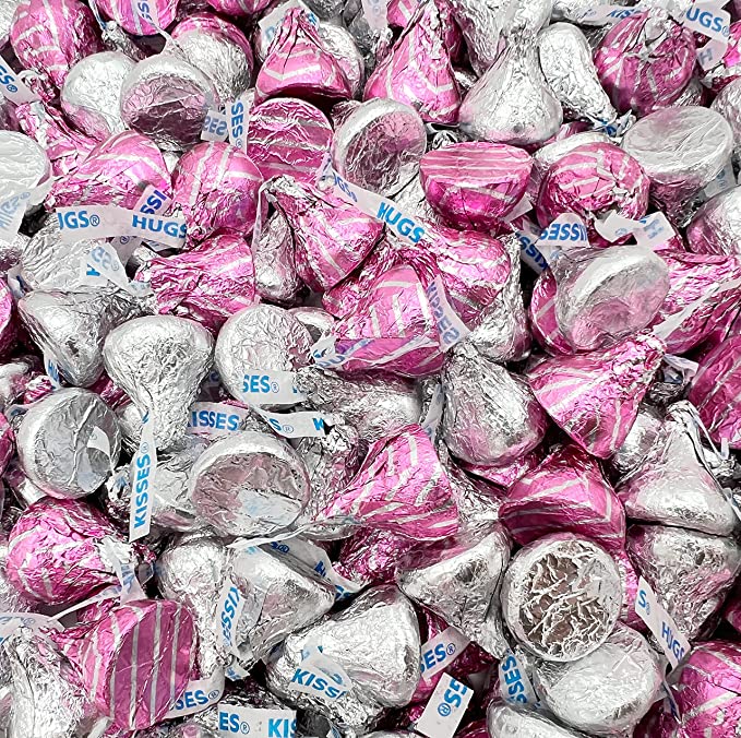  LaetaFood HERSHEY'S KISSES Milk Chocolate Hugged by White Cream Candy Assortment, Pink Silver Foils Wrap (2 Pound Bag)  - 810016545095
