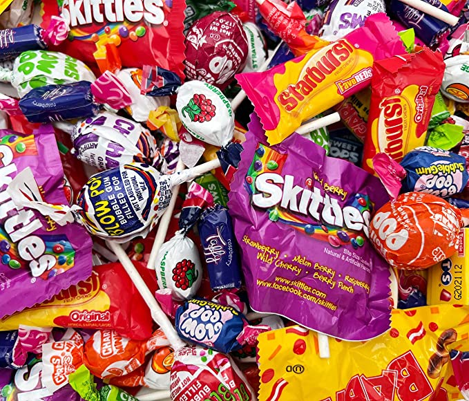  Party Candy Assortment Skittles, Sugar Babies, Tootsie, Starburst, Taffy, Blow Pop Bubble Gum, 3 Pound Bag  - 810023295570