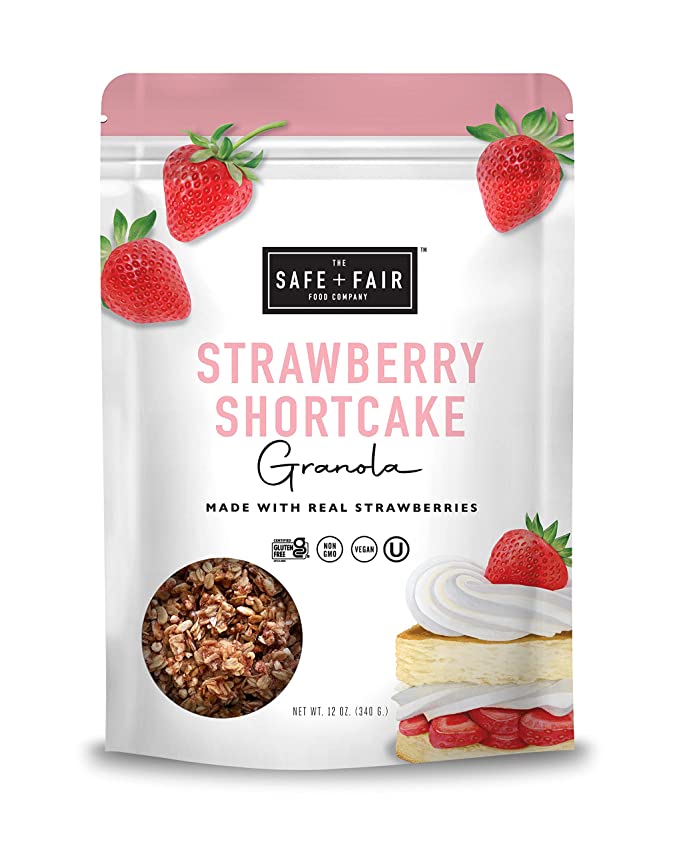 Safe + Fair Gluten-Free Strawberry Shortcake Granola - Plant Based - Non-GMO - Strawberry Shortcake Flavored Snacks - Free From The Top 9 Allergens (12 oz Pack) - 810023590279