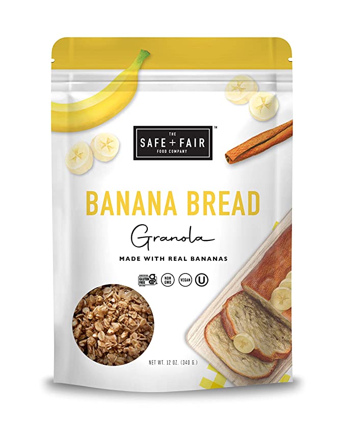 Safe + Fair Gluten-Free Banana Bread Granola - Non_GMO - Vegan - Banana Bread Flavored Snacks - Free From The Top 9 Allergens (12 oz pack) - 810023590552