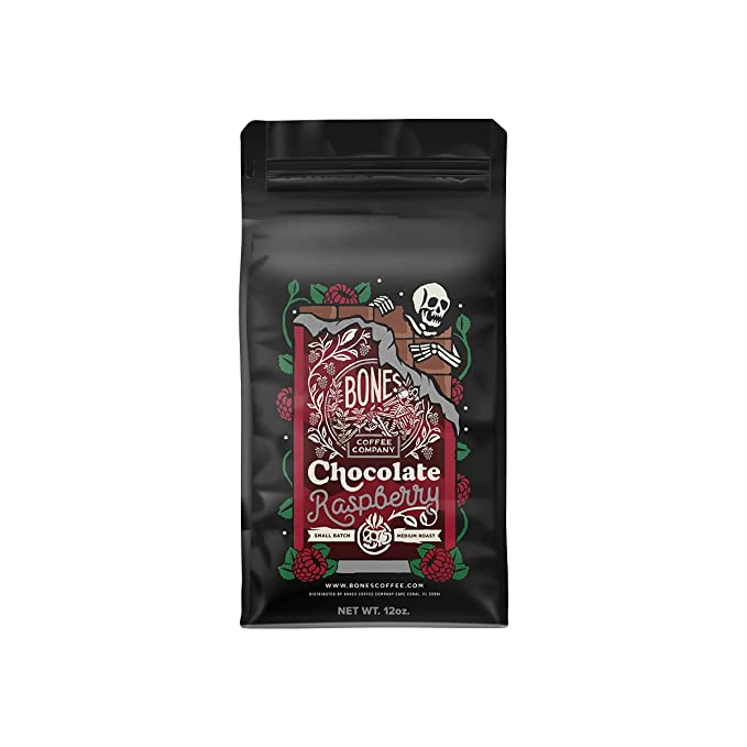  Bones Coffee Company Chocolate Raspberry Flavored Coffee Beans & Ground Coffee | 12 oz Flavored Coffee Gifts Low Acid Medium Roast Flavored Coffee Beverages (Ground)  - 810036261623
