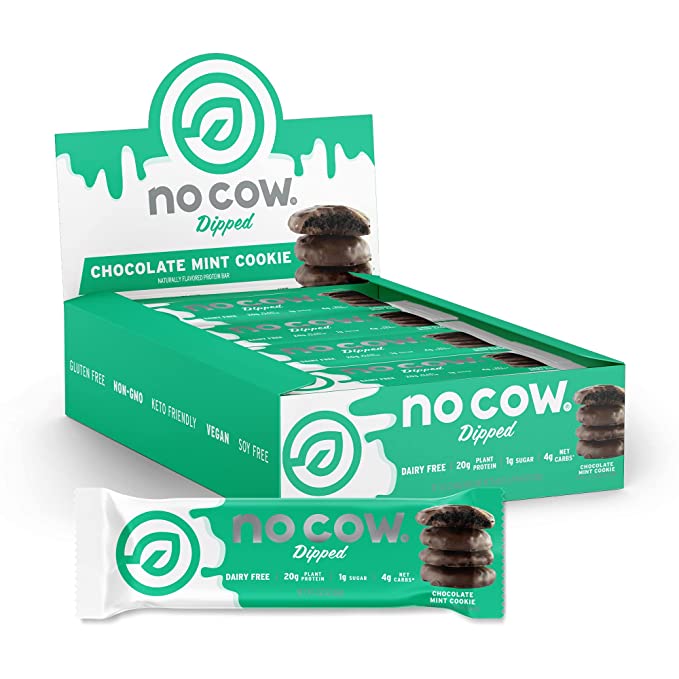  No Cow Chocolate Dipped Protein Bars, 20g Plant Based Vegan Protein, Keto Friendly, Low Sugar, Low Carb, Low Calorie, Gluten Free, Naturally Sweetened, Dairy Free, Non GMO, Kosher, Chocolate Mint Cookie, 12 Pack  - 810039120576