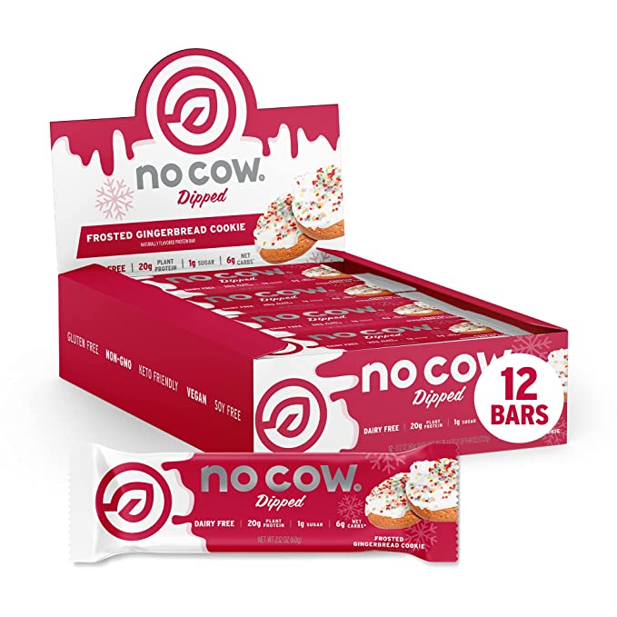  No Cow Dipped High Protein Bars, Frosted Gingerbread Cookie, 20g Plant Based Vegan Protein, Keto Friendly, Low Sugar, Low Carb, Low Calorie, Gluten Free, Naturally Sweetened, Dairy Free, Non GMO, Kosher, 12 Pack  - 810039121245