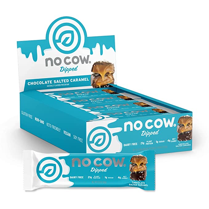  No Cow Chocolate Dipped Protein Bars, 21g Plant Based Vegan Protein, Keto Friendly, Low Sugar, Low Carb, Low Calorie, Gluten Free, Naturally Sweetened, Dairy Free, Non GMO, Kosher, Chocolate Salted Caramel, 12 Pack  - 810039121726