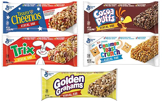 Cereal Bar Variety Pack, Team Cheerios, Trix, Cocoa Puffs, Cinnamon Toast Crunch, and Golden Grahams, Four 1.42 oz Bars of Each (20 Bars Total) - Packed in Make Your Day Box with Two Lollipops - 810048481163