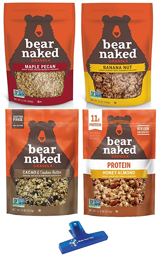 Bear Naked Granola, Maple Pecan, Banana Nut, Cacao & Cashew Butter, and Honey Almond, 11 Ounce (Pack of 4) - with Make Your Day Bag Clip - 810048484362