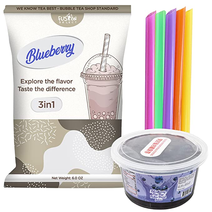  Fusion Select Ultimate Bubble Tea DIY Kit – 3-in-1 Bubble Tea Powder, Flavored Bursting Boba, Large Straw (Blueberry Powder+Blueberry Bursting Boba+Straw)  - 810081770316