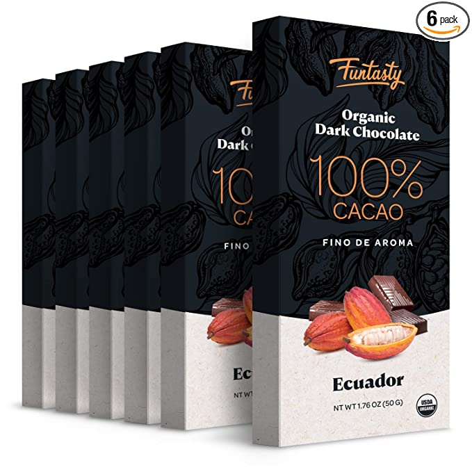  Funtasty Dark Chocolate Bar 100% Cacao, Organic Vegan Gluten-Free, 1.76 Ounce Bar (Pack of 6)  - 810082972436