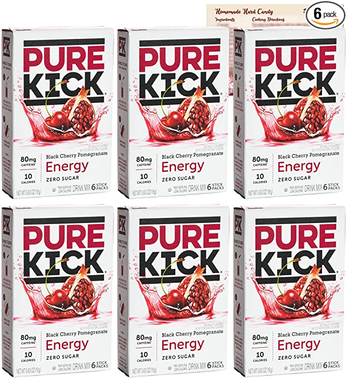  Pure Kick Energy Drink Mix Packets - Black Cherry Pomegranate Pack of 6 - Singles to Go Bundle with Ballard Products Hard Candy Recipe Card  - 810097450196