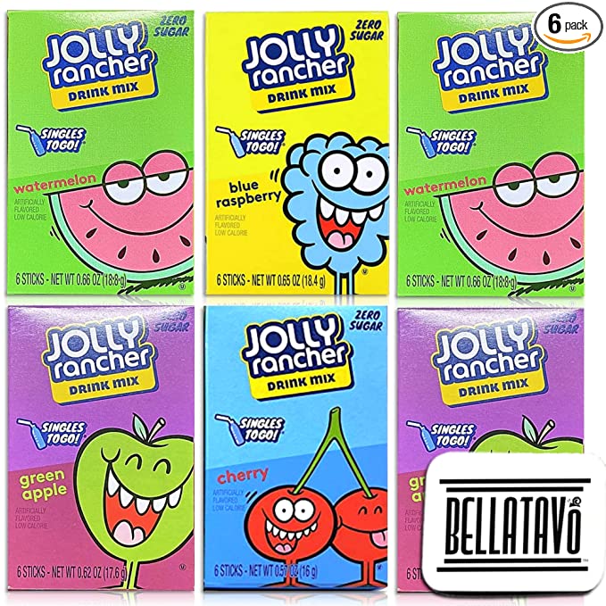  Singles To Go Variety Pack Bundle. Includes Six Boxes of Jolly Rancher Singles To Go Drink Mix Plus a BELLATAVO Ref Magnet. Each Contains 6 Water Flavoring Packets. Total of 36 Sugar Free Drink Mix  - 810101570711