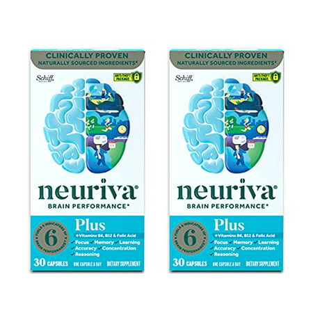 Nootropic Brain Support Supplement - NEURIVA Plus Capsules (30ct bottle) Phosphatidylserine B6 B12 Folic Acid - Supports Focus Memory Learning Accuracy Concentration & Reasoning (Pack of 2) - 810104810203