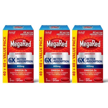 Omega 3 Fish Oil Supplement 800mg (per Serving) MegaRed Advanced 6X Absorption EPA & DHA Omega 3 Fatty Acid Softgels (80cnt Box) Phopholipids Supports Brain Eye Joint & Heart Health- 3 Pack - 810104810579