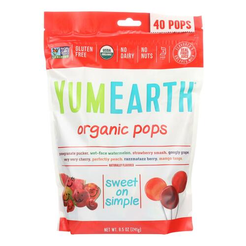Yummy Earth Organics Lollipops - Organic Pops - 40 Plus - Assorted - 8.5 Oz - Case Of 12 - 810165014435
