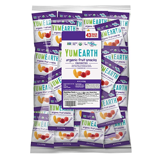  YumEarth Organic Fruit Flavored Snacks, 43- 0.7oz Snack Packs, Allergy Friendly, Gluten Free, Non-GMO, Vegan, No Artificial Flavors or Dyes  - 810165015296
