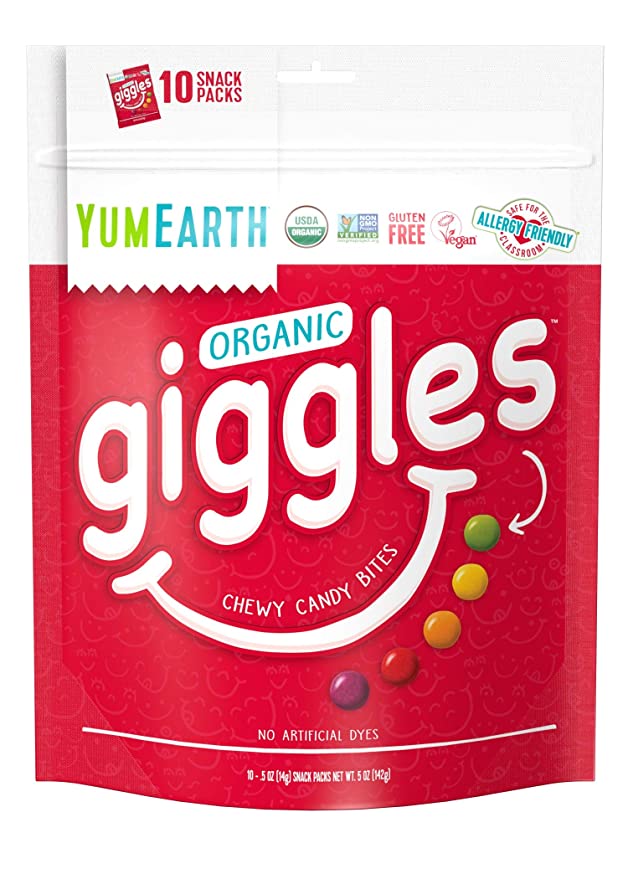  YumEarth Organic Fruit Flavored Giggles Chewy Candy Bites, 10- 0.5 oz. Snack Packs, Allergy Friendly, Gluten Free, Non-GMO, Vegan, No Artificial Flavors or Dyes  - 810165019478