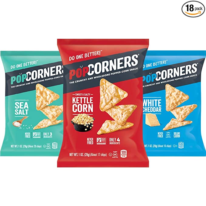  Popcorners Snacks Variety Pack | Gluten Free Chips Snack Packs | Kettle Corn, White Cheddar, Sea Salt | (18 Pack, 1 oz Snack Bags) - 810607021281