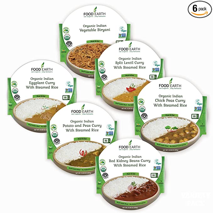 Food Earth - Six Flavor Variety Pack - Ready to Eat Indian Cuisine - Vegan, Plant-Based, Organic, Gluten-Free, GMO-Free - Healthy Microwavable Meals - Pre-packaged Indian Food - Pack of 6 - 810609023016