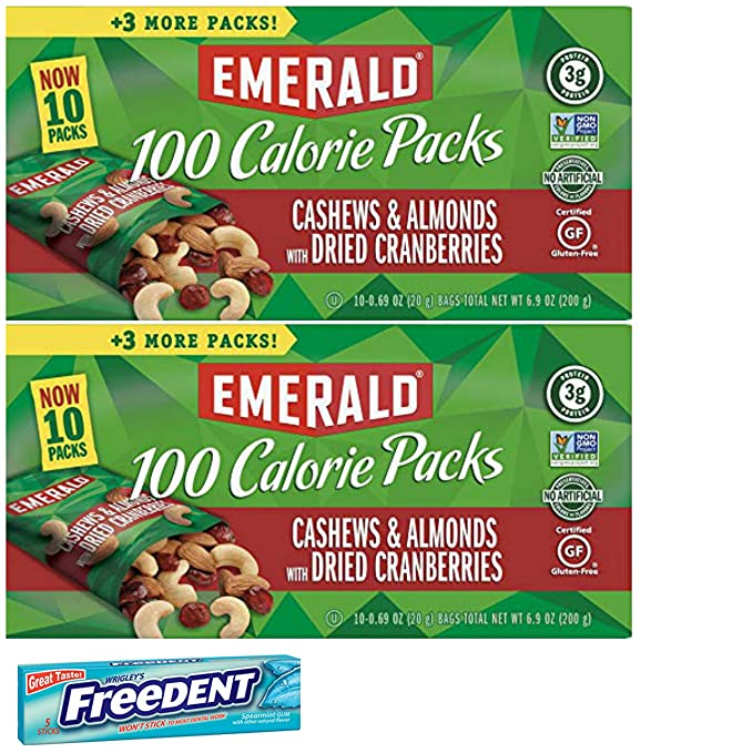  Emerald 100 Calorie Cashews Cranberries Roasted and Salted Snack Pack. Convenient Shopping For 2 Boxes of Individually Wrapped Single Serve Emerald Nuts. Includes 5 Piece Gum Sample.  - 810767031724